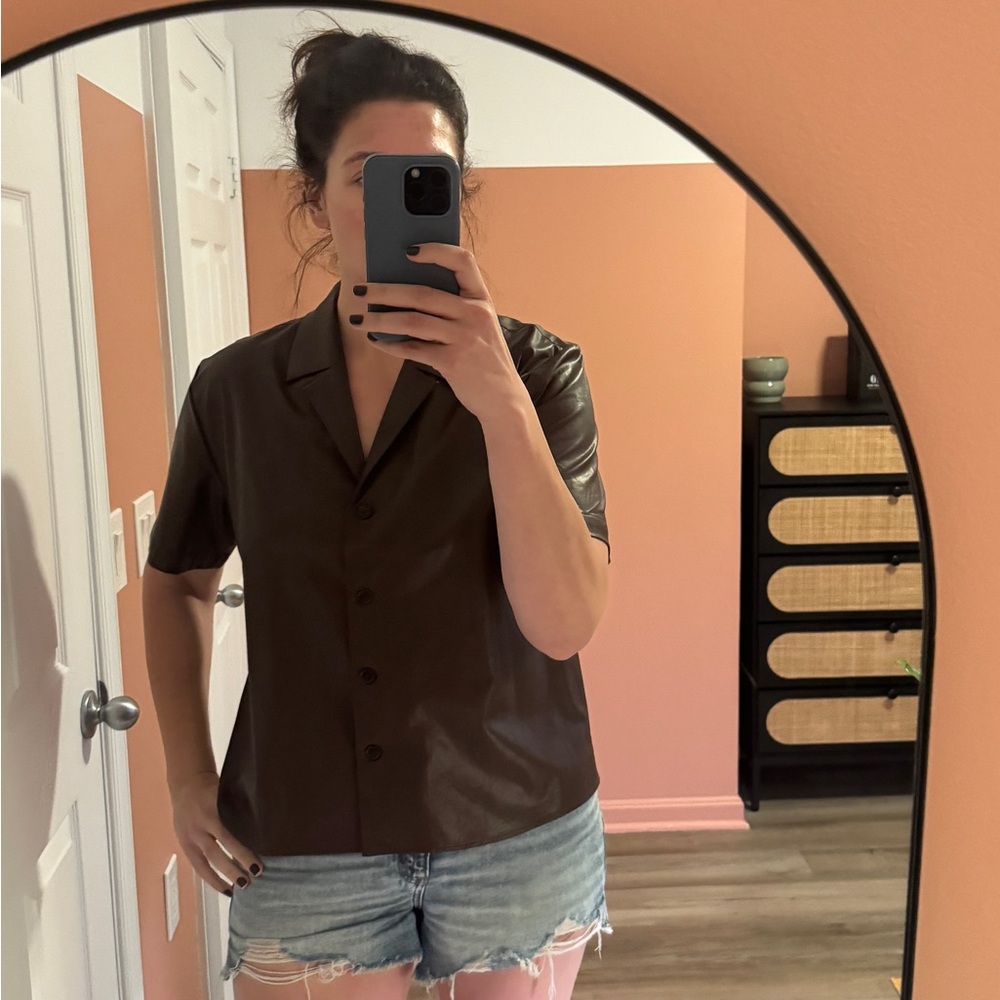 Chocolate faux leather button up top
